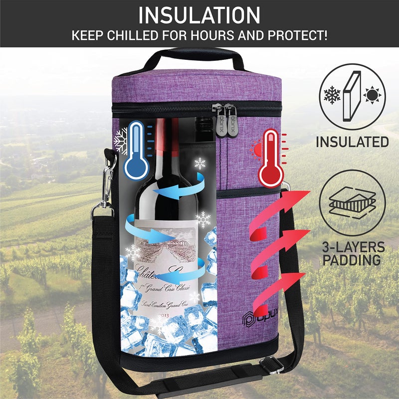 opux 2 Bottle Wine Carrier Tote  Insulated Leakproof Wine Cooler Bag  Wine Travel Bag for Picnic BYOB Beach  Portable Wine Bottle Carrying Case  Gift for Wine Lover Women Men Christmas  Purple - Image 2